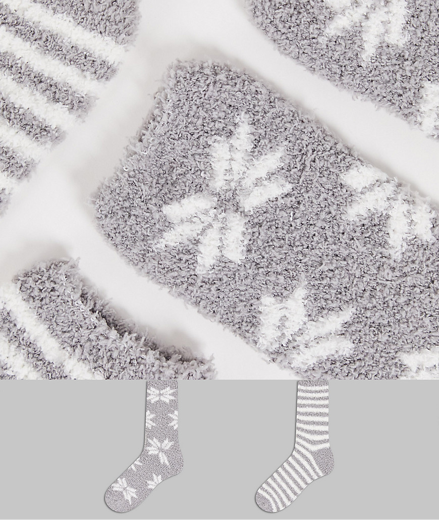 Loungeable - Set van 2 pluizige sokken met lint in grijze sneeuwvlok en gestreept-Grijs
