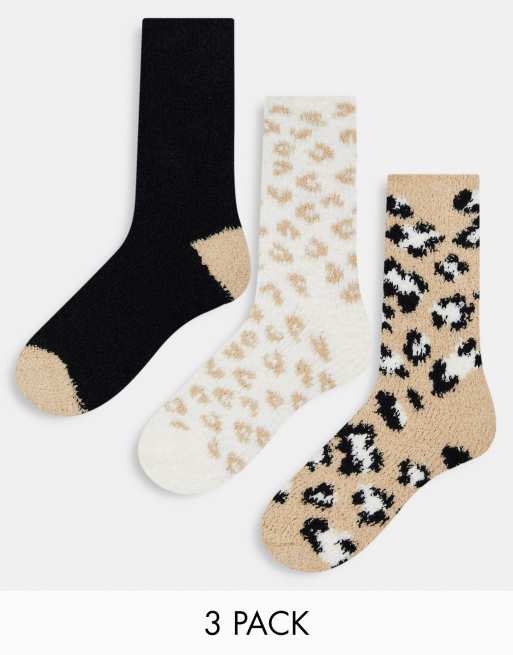Loungeable - Set van 3 paar pluizige sokken met dierenprint in bruin en naturel