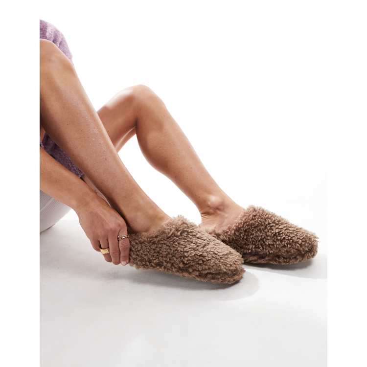 Loungeable shaggy slippers in chocolate brown | ASOS