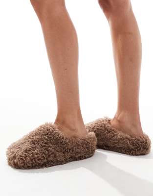Loungeable shaggy slippers in chocolate brown | ASOS