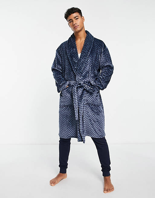 Loungeable shawl collar robe in blue geo