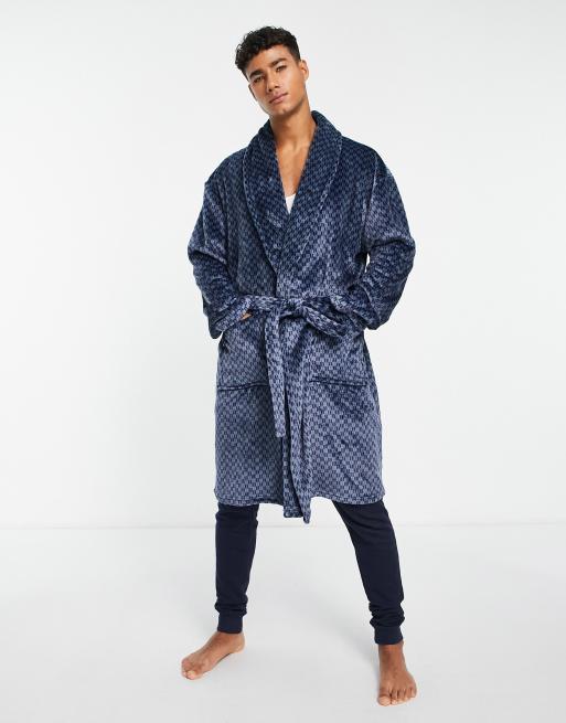 Loungeable shawl collar robe in blue geo ASOS