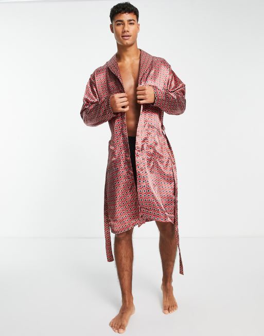 Loungeable shawl collar satin robe in burgundy | ASOS