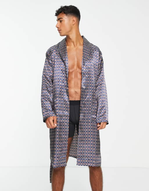 Loungeable shawl collar satin robe in navy | ASOS