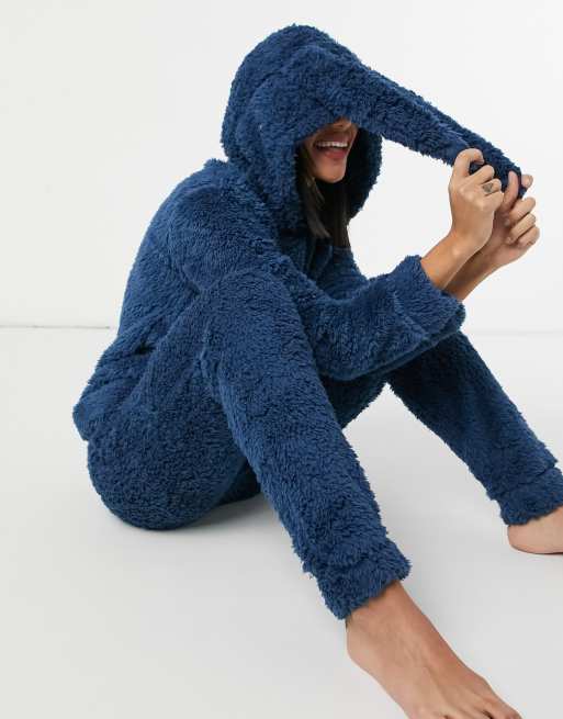 Loungeable sherpa fleece pajamas with rabbit ears in navy