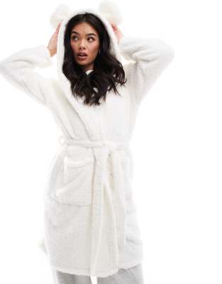Loungeable Loungeable sherpa hooded ears mini robe in cream-White
