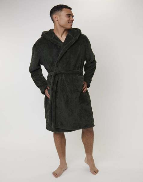 Loungeable Sherpa hooded robe in khaki - view 1