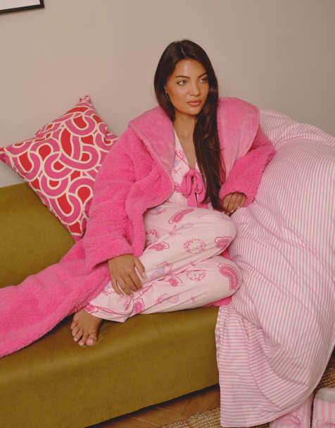 Loungeable Sherpa maxi hoodied robe sherpa maxi robe with luxury fleece lined hood in pink - view 1