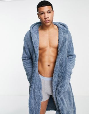 Loungeable sherpa robe with hood in vintage blue
