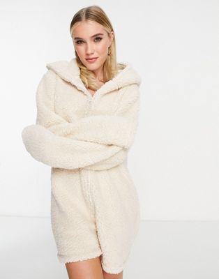 Loungeable sherpa romper with ears in cream