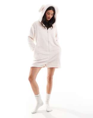 Loungeable sherpa romper with ears in vanilla-White