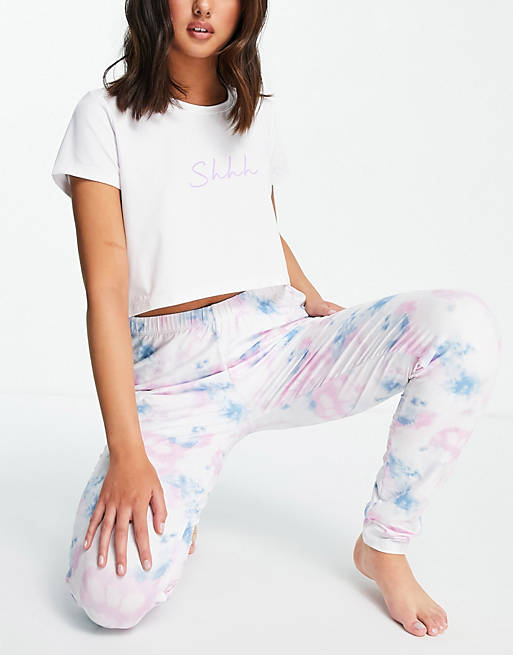 Loungeable shhh t shirt and legging pyjama set in pastel tie dye