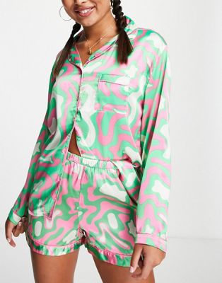 Loungeable short button through pyjama set in green and pink swirl print