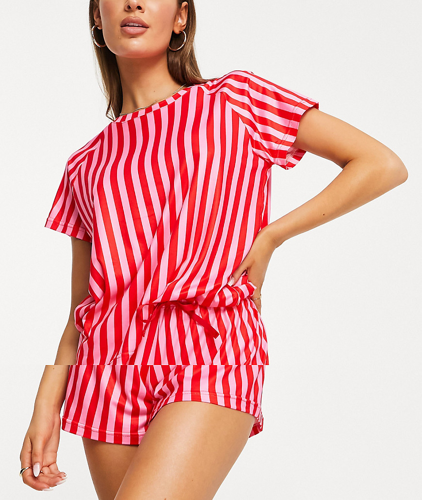 Loungeable short pajama set in pink and red stripe