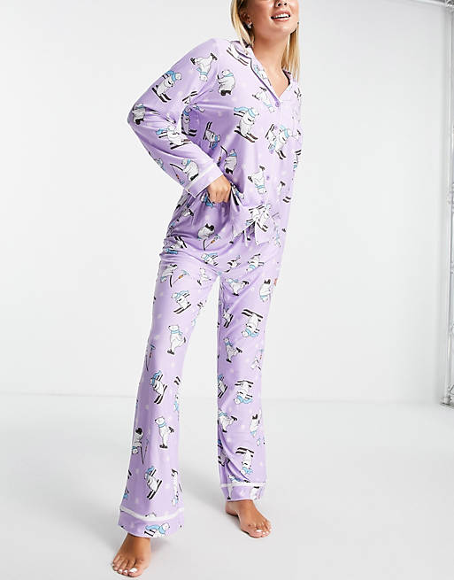 Loungeable skiing polar bear pajama set in lilac