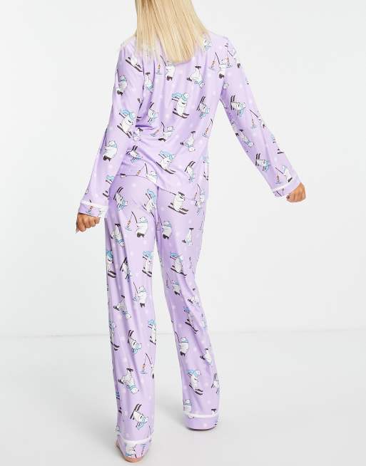 Loungeable skiing polar bear pajama set in lilac