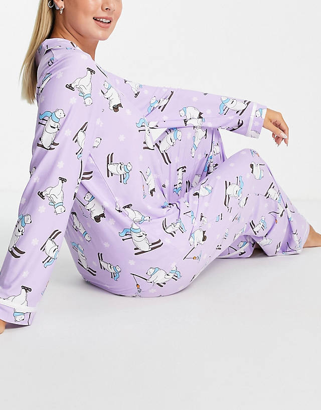 Loungeable - skiing polar bear pyjama set in lilac
