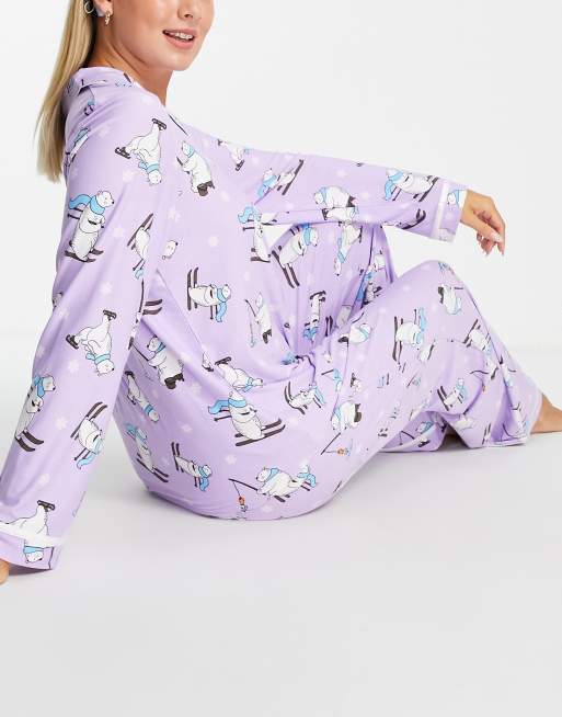 Loungeable skiing polar bear pyjama set in lilac
