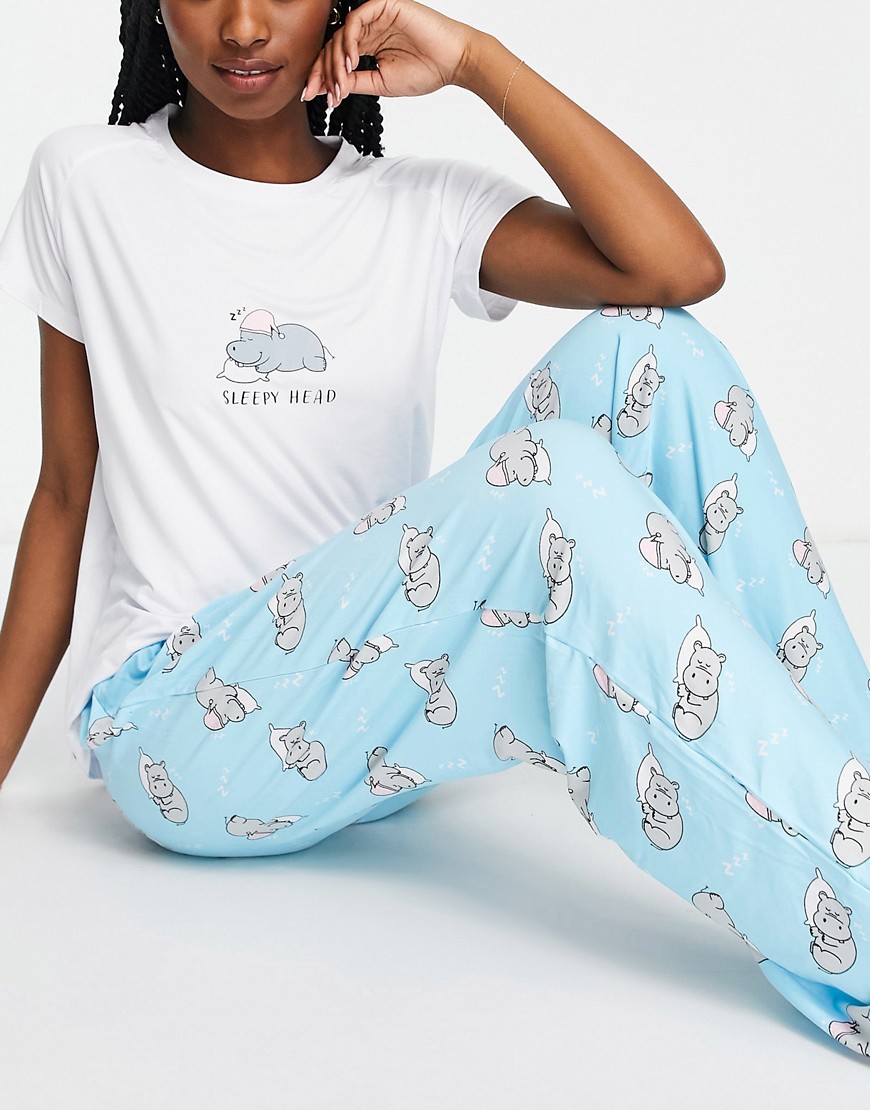 Loungeable sleepy hippo long pajama set in blue