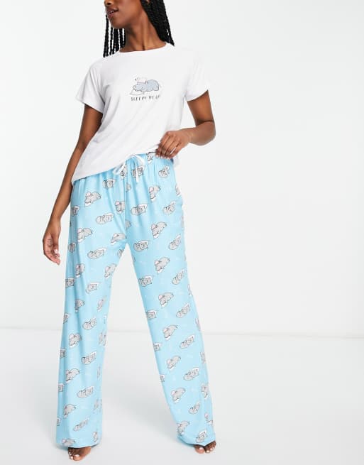 Loungeable sleepy hippo long pajama set in blue