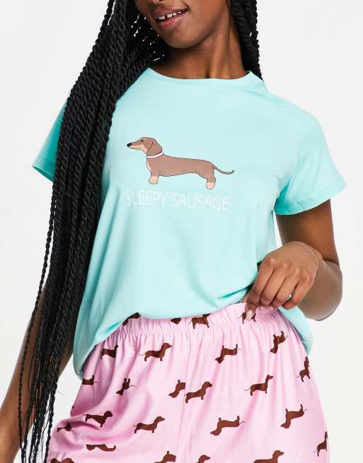 Loungeable sleepy sausage legging pyjama set in turquoise and pink ASOS