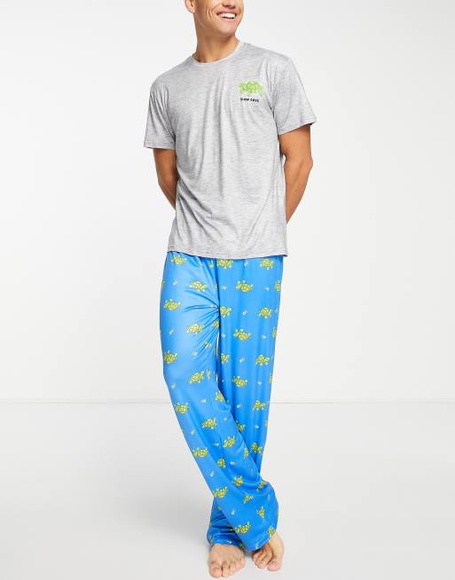 Loungeable - Slow Coach - Lange pyjamaset in grijs en blauw