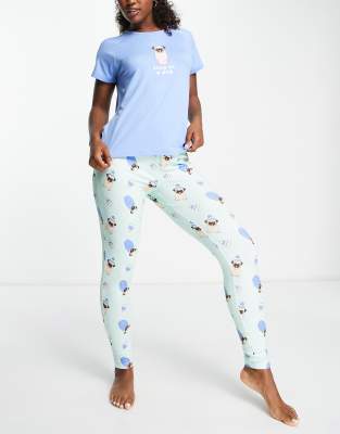 Loungeable snug pug long pyjama set in mint and blue - ASOS Price Checker