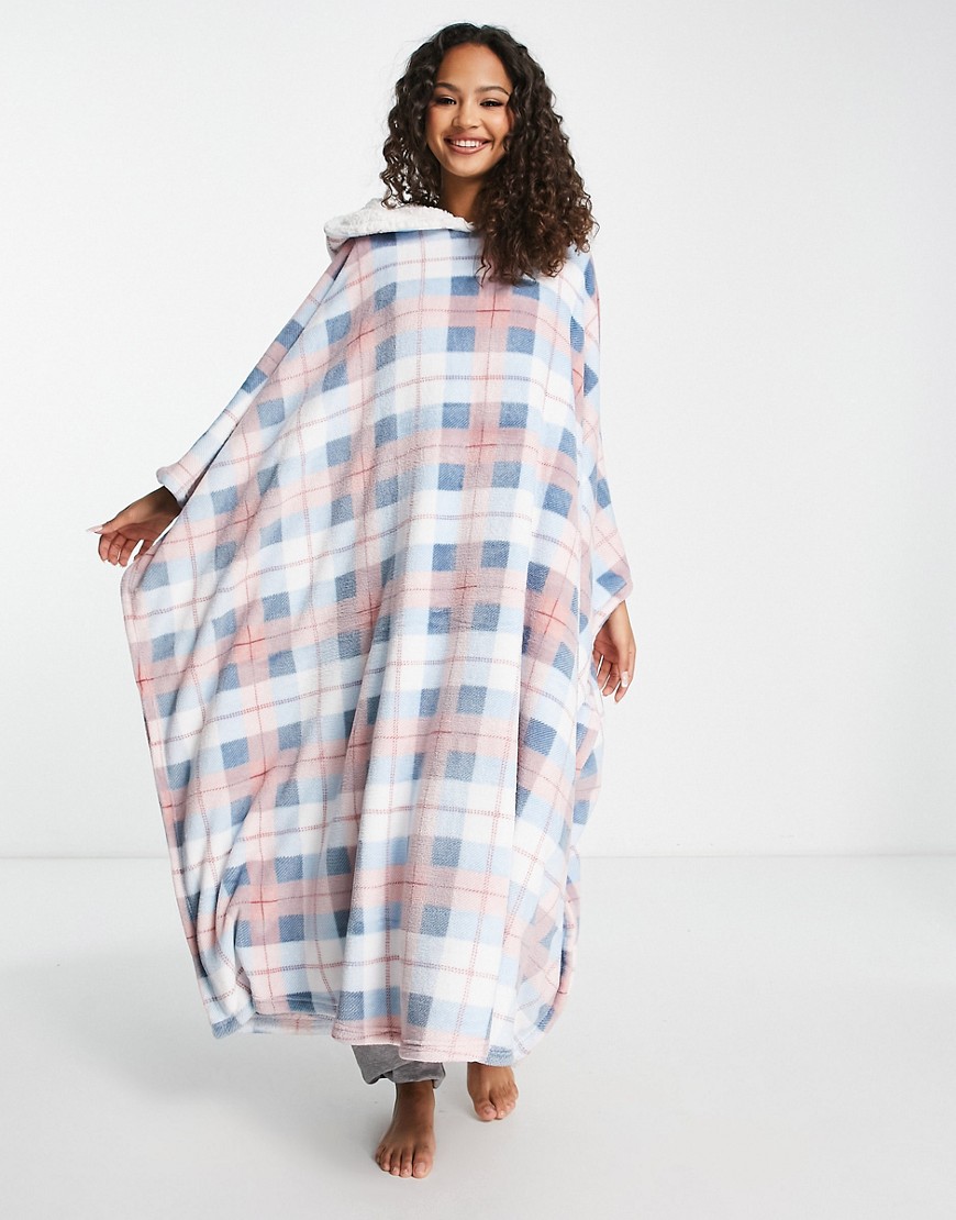 Loungeable snuggle hoodie with teddy lining in pink and blue plaid