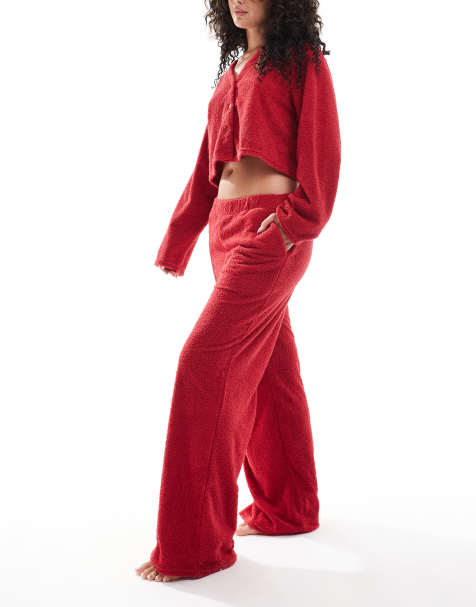Loungeable Soft fuzzy wide leg pants in burgundy - view 1