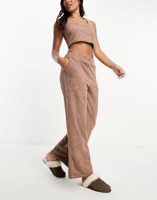 soft fuzzy wide leg pants in chocolate brown