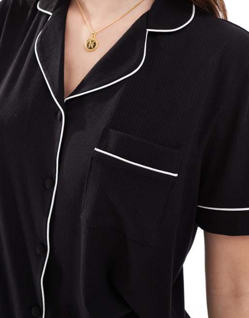 Loungeable soft rib jersey button short sleeve shirt and pants pyjamas in black, 2 of 4
