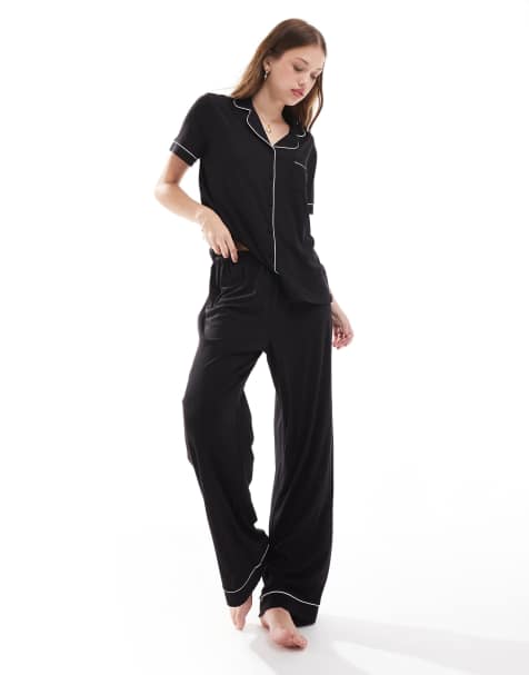 Loungeable Soft Rib Jersey button short sleeve with trouser pyjamas in black - view 1
