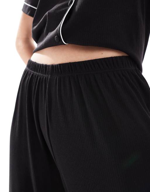 Loungeable Soft Rib Jersey button short sleeve with trouser pyjamas in black, 4 of 4