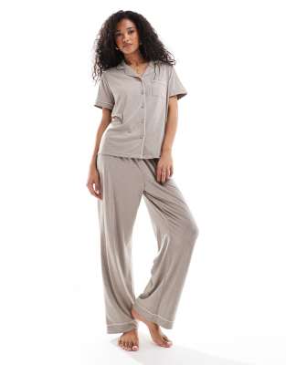 Loungeable Loungeable Soft Rib Jersey button short sleeve with trouser pyjamas in oatmeal marl-Neutral