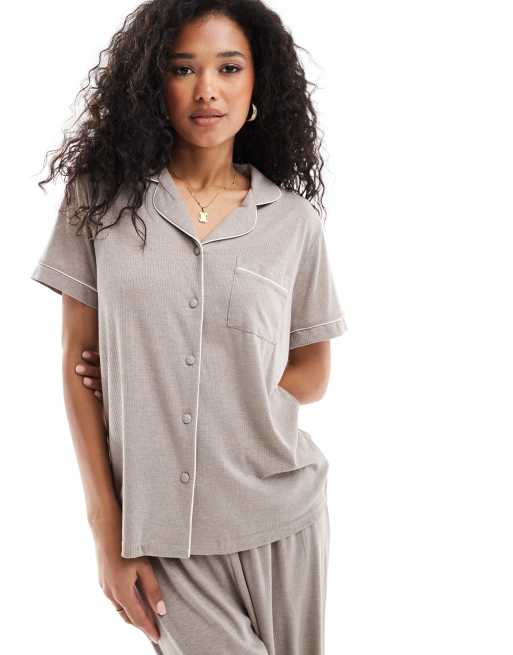 Loungeable Soft Rib Jersey button short sleeve with trouser pyjamas in oatmeal marl ASOS