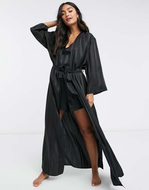 Loungeable - Sort stribet maxi-kimono i jacquard