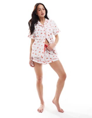 strawberry printed textured short sleeve shirt & shorts pajama set in off white