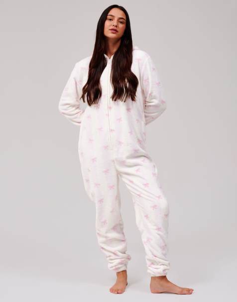 Loungeable Stripe bow luxury fleece hooded all in one in pink - view 1