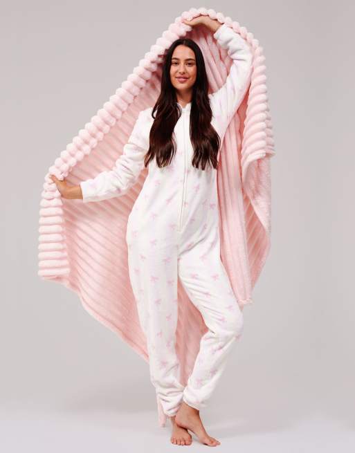 Loungeable Stripe bow luxury fleece hooded all in one in pink, 2 of 7