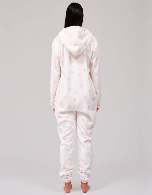 Loungeable Stripe bow luxury fleece hooded all in one in pink, 4 of 7