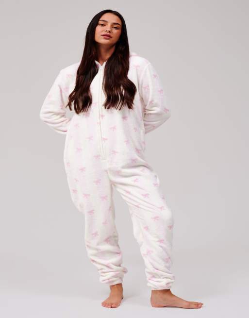 Loungeable Stripe bow luxury fleece hooded all in one in pink, 5 of 7