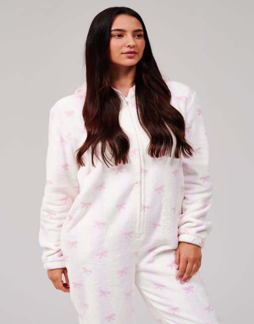 Loungeable Stripe bow luxury fleece hooded all in one in pink, 6 of 7