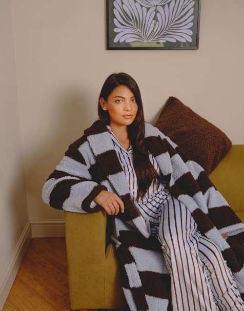 Loungeable Stripe cosy borg fleece midi shawl dressing gown in blue - view 1