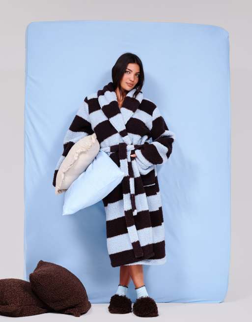Loungeable Stripe cosy borg fleece midi shawl dressing gown in blue, 2 of 7