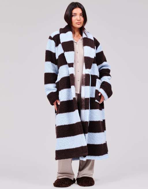 Loungeable Stripe cosy borg fleece midi shawl dressing gown in blue, 4 of 7