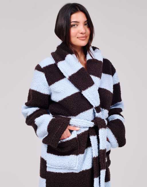 Loungeable Stripe cosy borg fleece midi shawl dressing gown in blue, 6 of 7