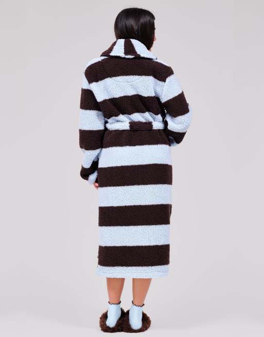 Loungeable Stripe cosy borg fleece midi shawl dressing gown in blue, 7 of 7