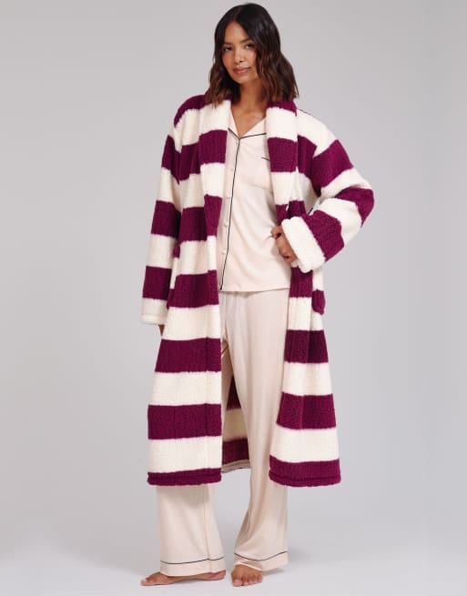Loungeable Stripe cosy borg fleece midi shawl dressing gown in multi, 2 of 7