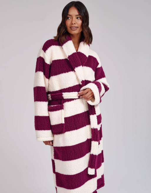 Loungeable Stripe cosy borg fleece midi shawl dressing gown in multi, 3 of 7