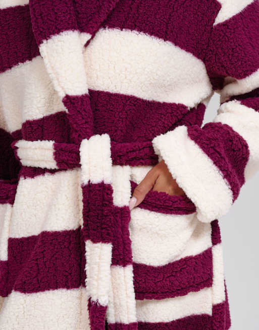 Loungeable Stripe cosy borg fleece midi shawl dressing gown in multi, 4 of 7